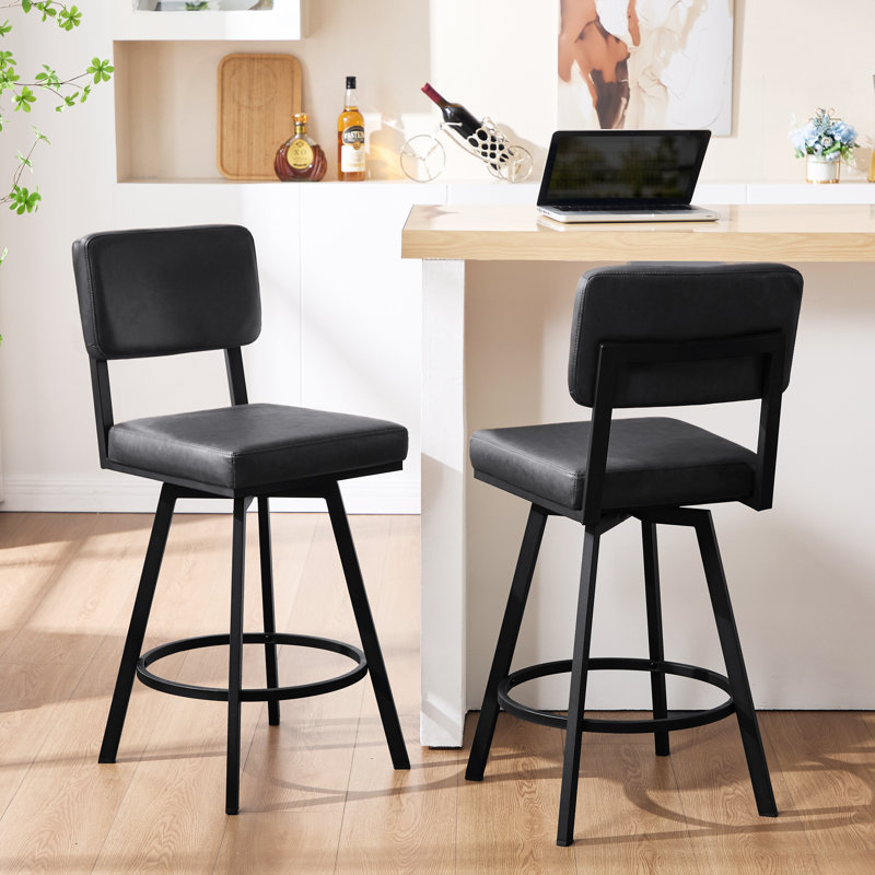Bronson 26.6" Industrial Swivel Counter Stool with Rectangular Back and Metal Frame, Black