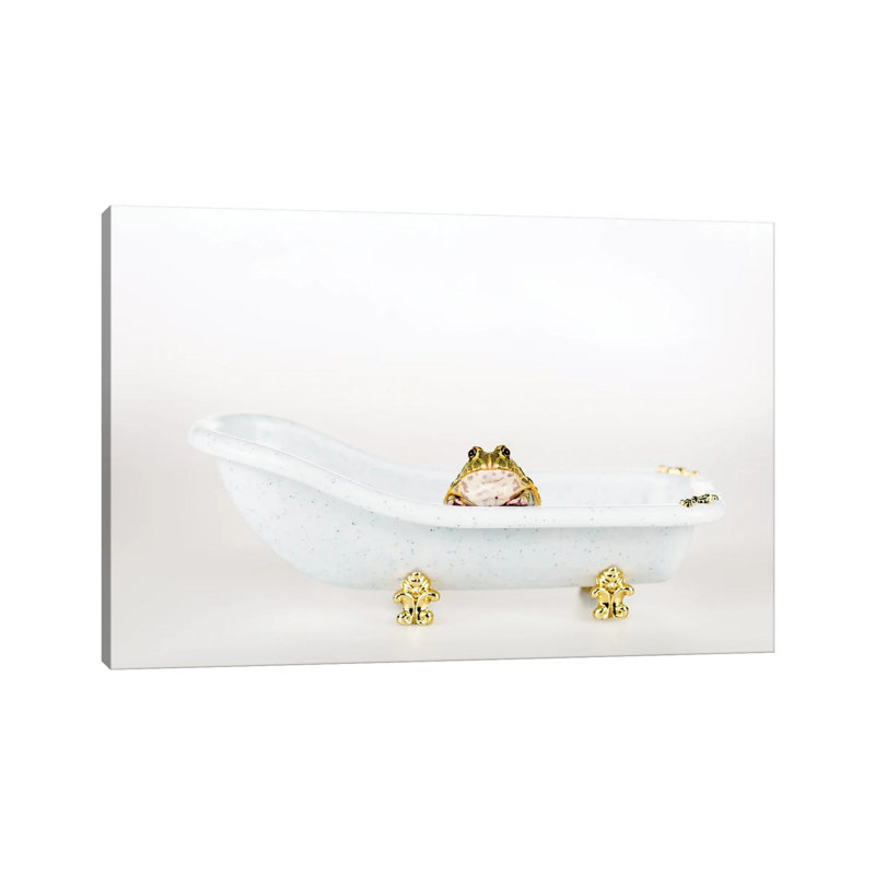 Cute Green Frog In Small Luxury Bathtub Isolated by IgorVetushko - Print on Canvas, 20.32cm H x 30.48cm W x 1.91cm D