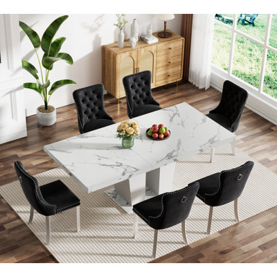 62.99" -78.74" Extendable Dining Table Set, White Dining Room Table & Velvet Dining Chairs with Stainless Leg, Rustic Kitchen Dining Table and Chairs Set, Modern Dining Table Set