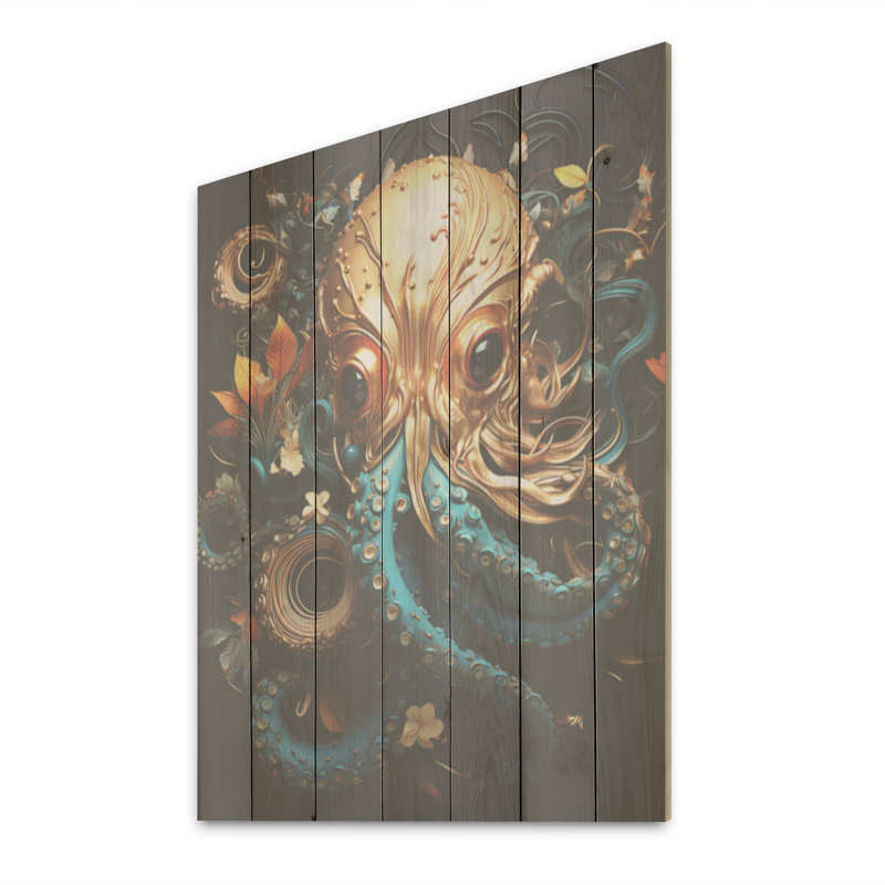 Pieuvre dorée sous l'eau - Pieuvre / calmar, art sur bois de pin naturel, H 20 po x l 10 po