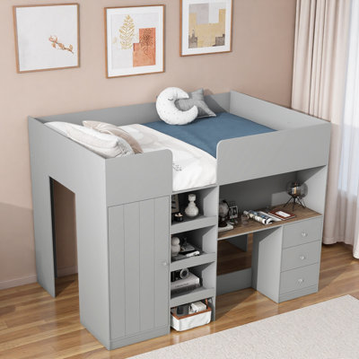 Lit mezzanine avec garde-robe intégré, bureau, tablettes de rangement et tiroirs