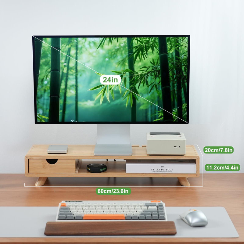 Bamboo Monitor Stand Riser With Drawer, Ergonomic Computer Riser