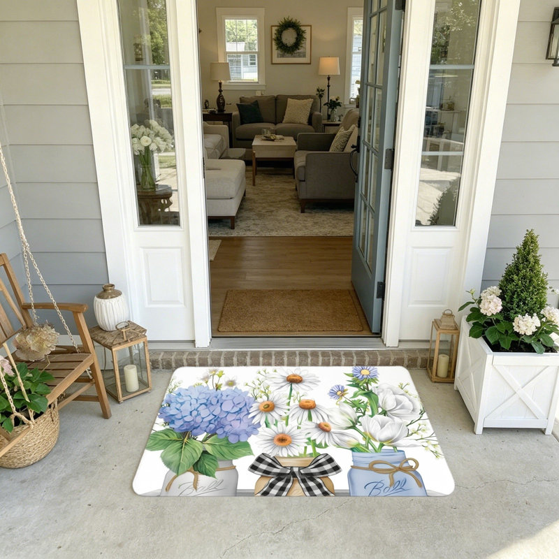 Indoor Outdoor Farmhouse Floral Neutral All-Season Door Welcome Mat, 20 x 32 in