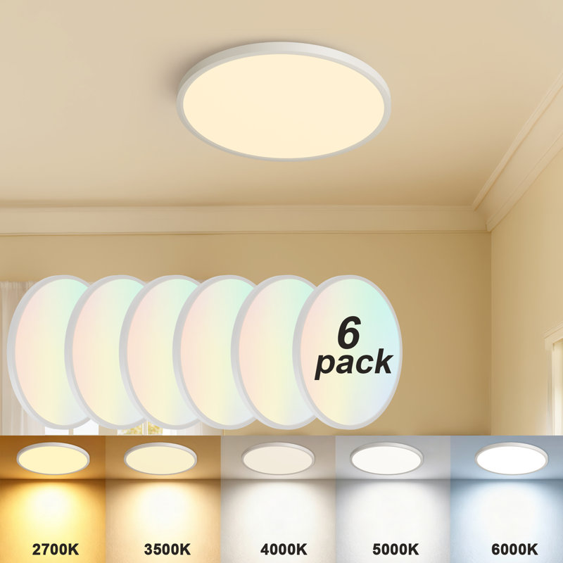 Lot de 6 plafonniers DEL encastrés blancs de 30,5 cm (12 po), 24 W, à intensité variable et à température de couleur de 5 CCT. Lampe de plafond ronde et mince à profil bas.