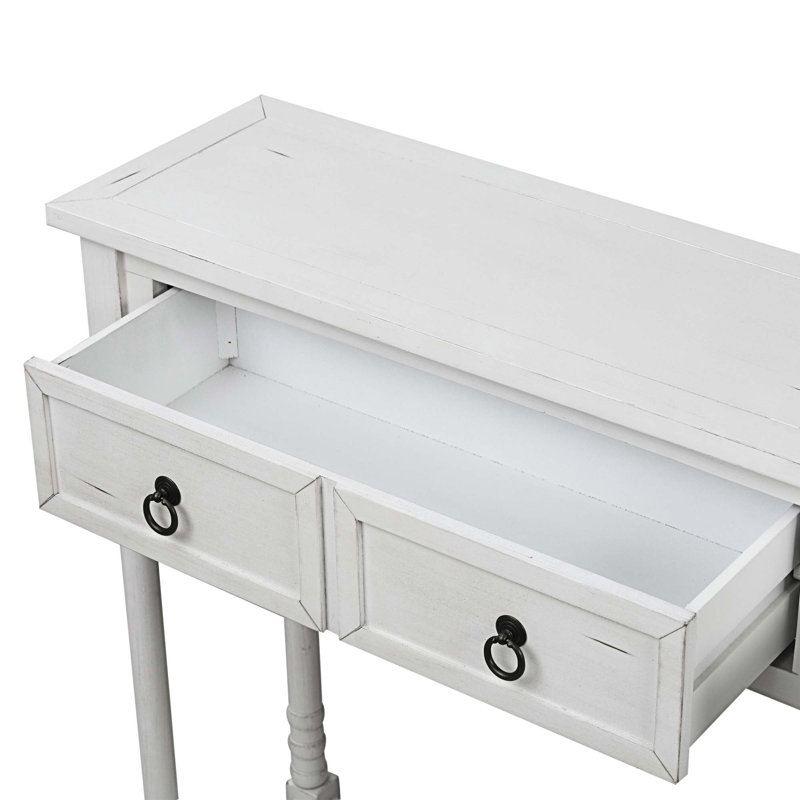 Table console Ikard avec tiroirs et longue tablette rectangulaire, Plateau blanc / base blanche