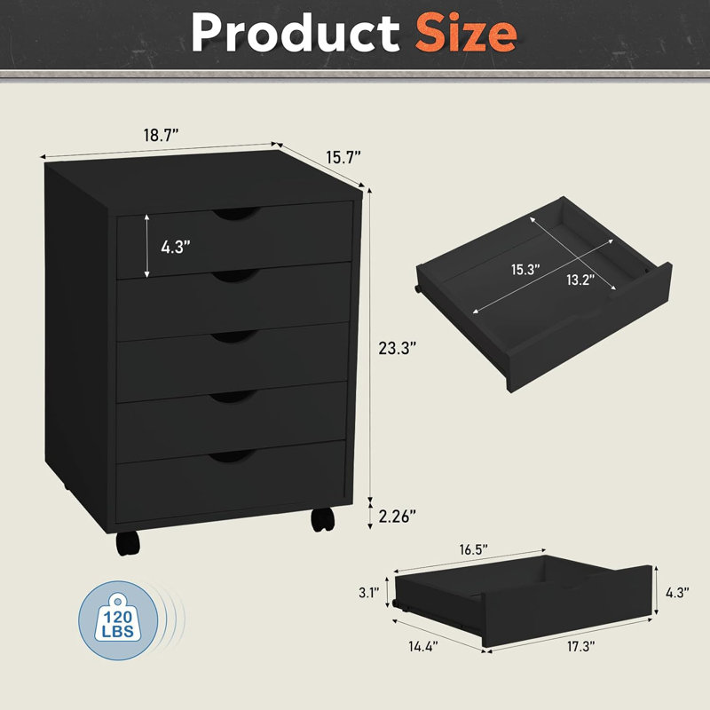 Mitchem Drawer Chest Wood File Cabinet Rolling Storage Dresser with Wheels for Home Office, Black