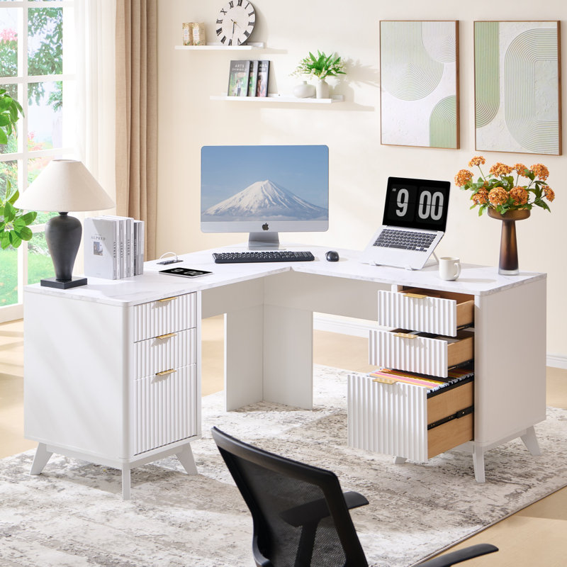 59''Fluted L Shaped Executive Desk Wood Home Office Corner Desk With Power Outlets ,File Drawers, White