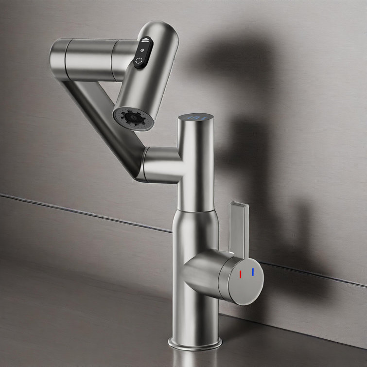  Bathroom Sink Faucet With Spray Function And Temperature Display For Anti-skid Switch And Hot & Cold And 360° Rotary