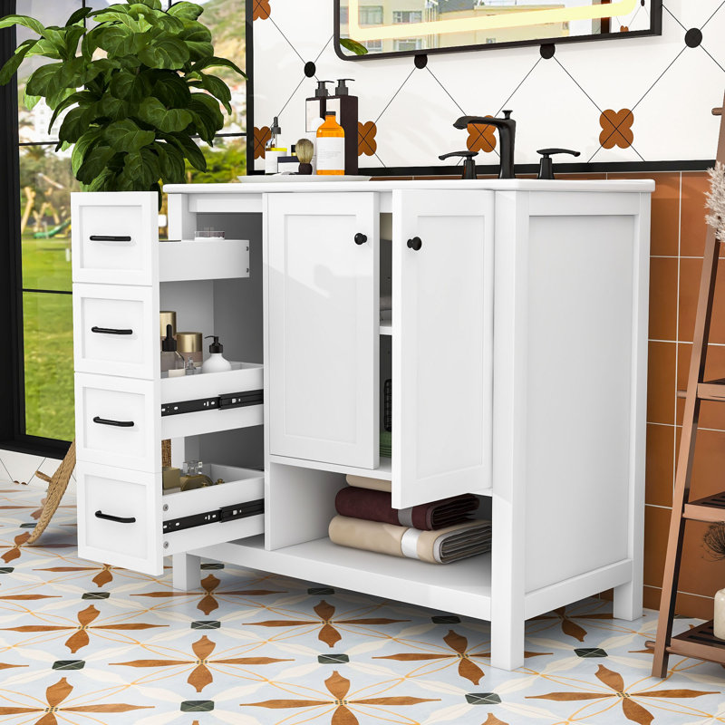 Meuble-lavabo moderne 36 po avec armoire en panneau de fibres à densité moyenne durable, rangement spacieux, Blanc