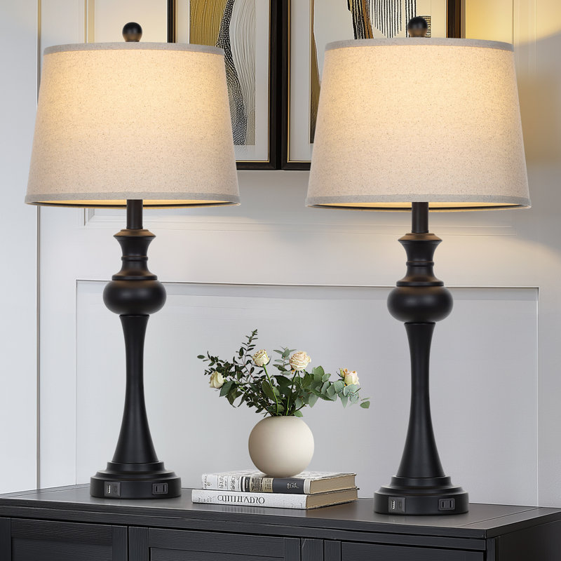 Lampe de table à intensité variable de 29 po en métal avec contrôle tactile et ports USB, ampoule incluse, Noir