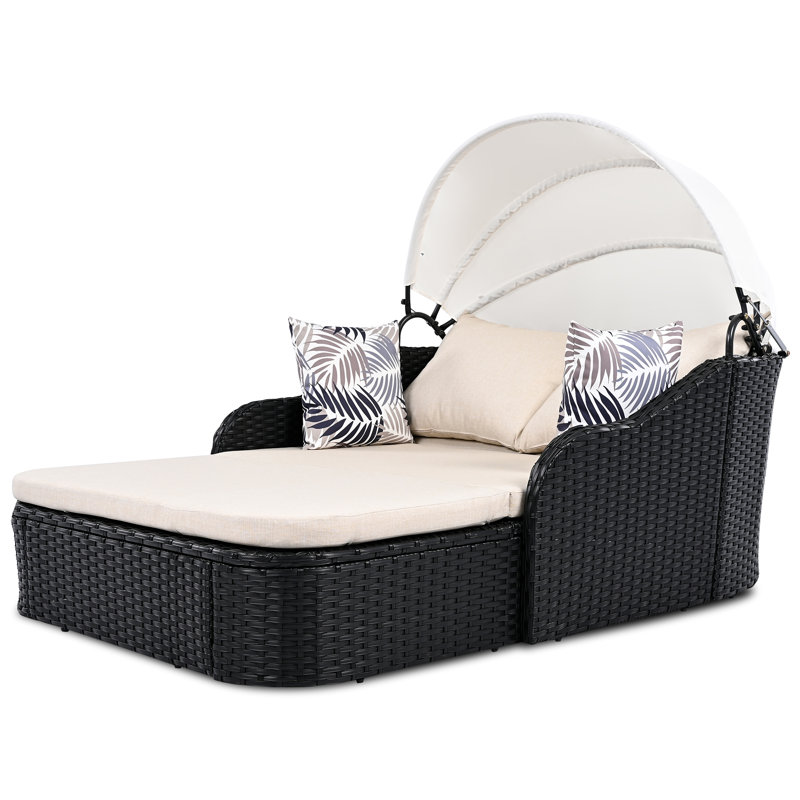 Chaise longue en osier avec auvent réglable, Beige