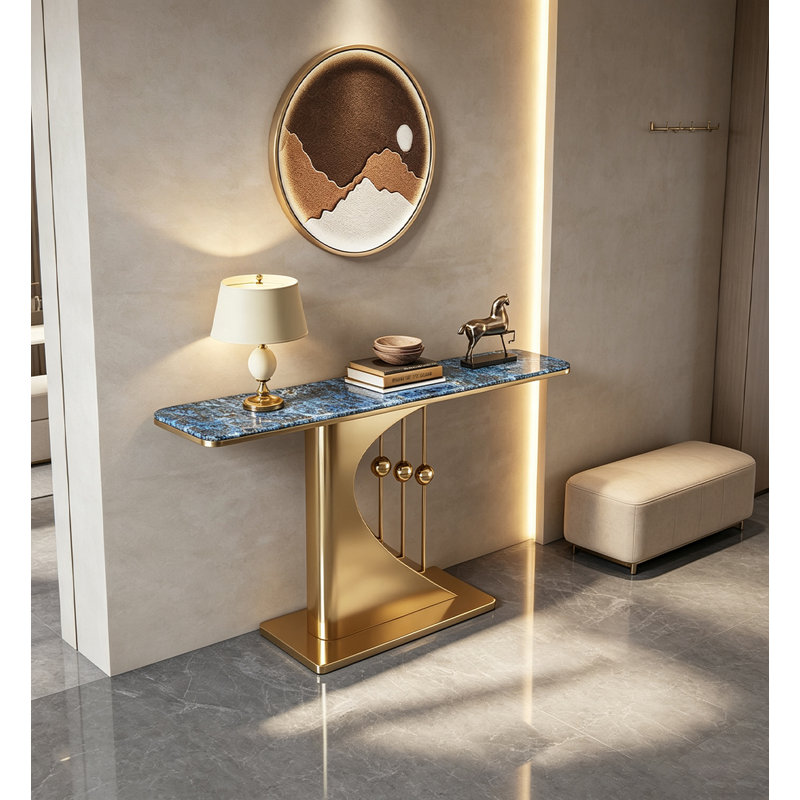Table console contemporaine sculpturale avec dessus en pierre rectangulaire, H 31,5 po x l 47,2 po x P 11,8 po, Bleu / Doré