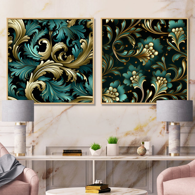 Motif damassé de luxe doré et vert - ensemble de 2 toiles abstraites botaniques, Encadrement brun
