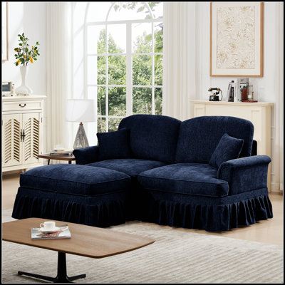 Élégant canapé Mid-Century modulaire à deux places en forme de L avec accoudoirs évasés et jupes plissées à volants, canapé-lit en chenille confortable avec repose-pieds mobile