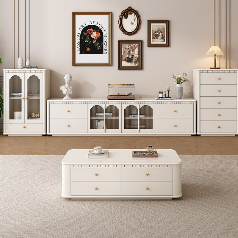 Solid Boxwood Coffee Table with 8 Drawers, White, 16.53" H x 55.11" L x 31.49" W