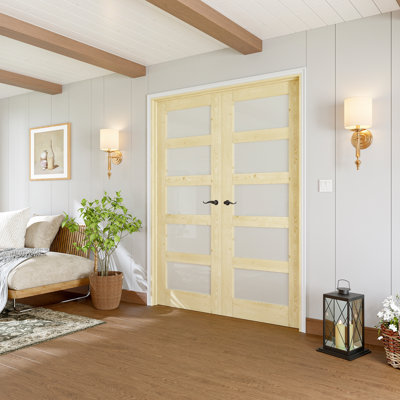 Interior 5-Lite Glass French Door Frosted Solid Pine Wood With French Door Accessories