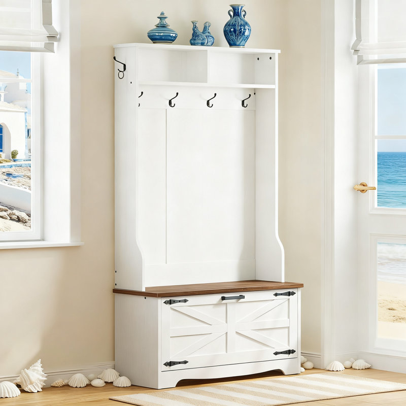 Arbre d'entrée avec banc, organisateur de rangement de vestibule avec porte-manteau, armoire à chaussures et tiroirs rabattables pour le décor de vestibule et de maison de campagne