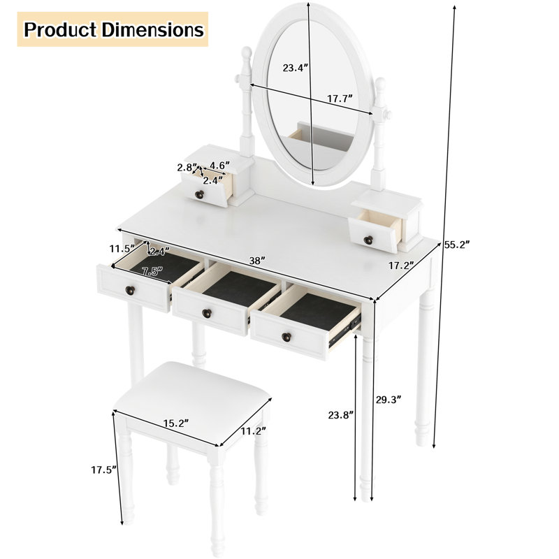 Meuble-lavabo blanc avec miroir réglable, 5 tiroirs de rangement et tabouret confortable, table de maquillage en bois de style rétro avec velours ovale - Bois massif assorti doublé