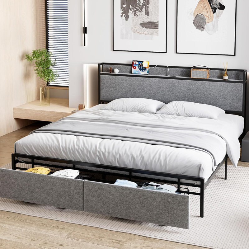Très grande base de lit tapissier très grand avec tiroirs de rangement et ports USB, gris moderne