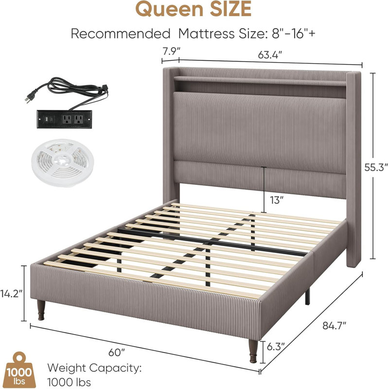 Corduroy Upholstered Wingback Queen Size Platform Bed Frame, Charging Station, LED Lights, Gray Brown, Queen