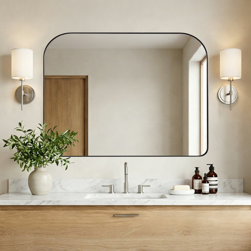Miroir de salle de bain rectangulaire à large arche | Cadre en acier inoxydable, 30 po x 40 po, Nickel brossé