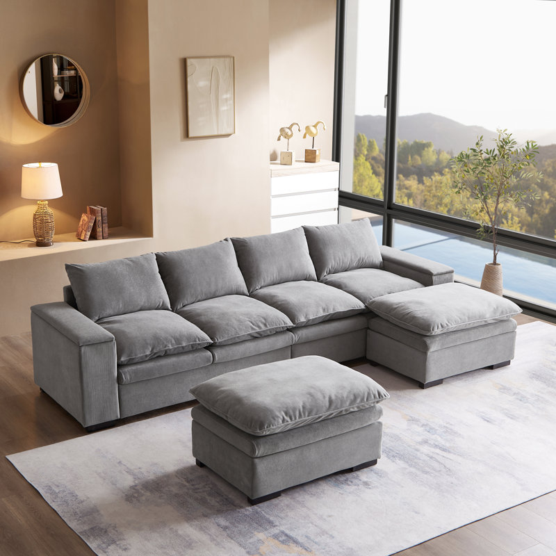 122" U Shaped Sofa,Modular Sectional Sofa, Terry Fabric Sectional Couch With Armrest Storage, Gray Velvet/Teddy