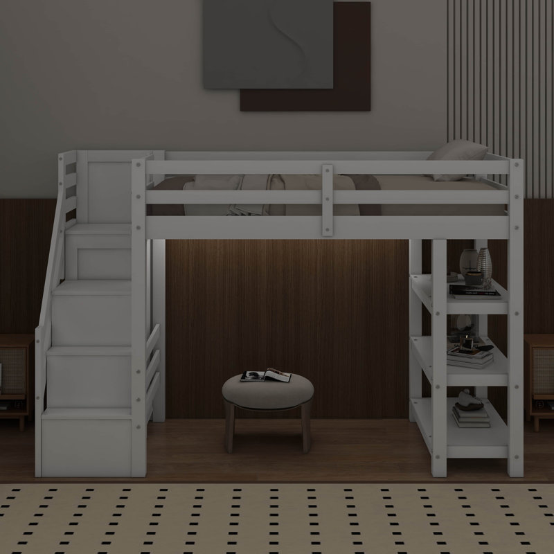 Twin Size Loft Bed With Shelves, Storage Staircase, Small Wardrobe And LED Light, null