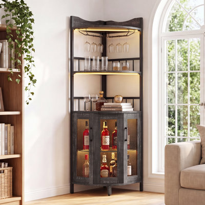 5-Tier Corner Bar Cabinet LED Lights & Power Outlets, Tall Liquor Storage Wine Rack & Glass Holder, Brown