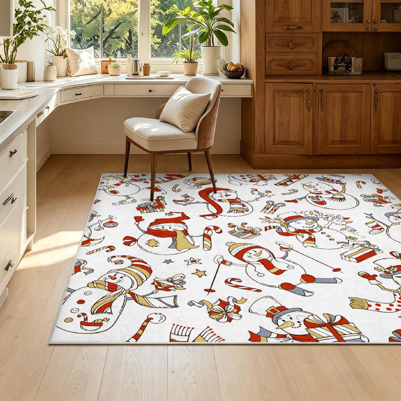 Gold Cute Snowmen Cartoon Snowmen White Snowman Singing Snowman Is Machine Washable Indoor Area Rug, Rectangle 55" x 79"