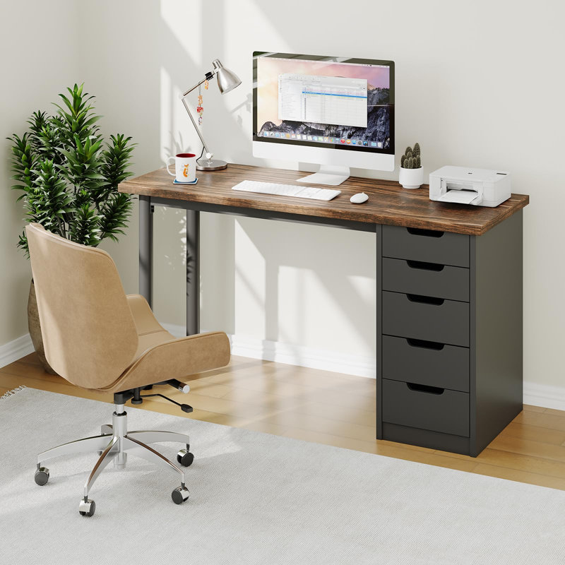 Modern 47'' Computer Desk with 5 Drawers - Reversible Writing Table for Home Office - Sturdy Metal Legs, Storage for Small Study Spaces - Easy Assembly - Color: Brown and Black