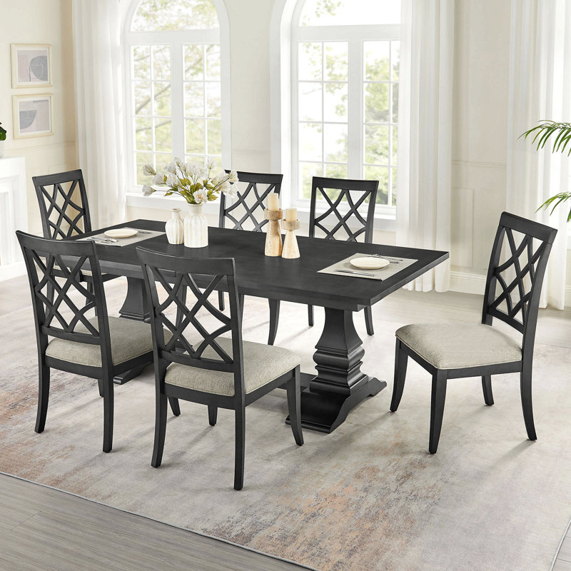 (1 table + 6 chaises) Ensemble de table de salle à manger extensible 7 pièces en bois pour 6 personnes, table de salle à manger courbée, grande table de cuisine et chaises de salle à manger rembourrées pour le salon, le restaurant