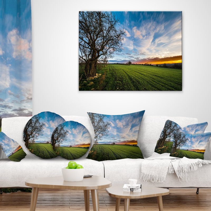 Coussin vert pastel sous un ciel bleu, 16 po x 16 po, Coussin décoratif