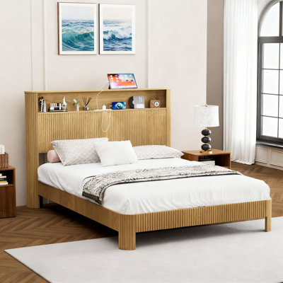Queen Bed Frame With Storage Headboard, Built-In Charging Station & Wavy Curved Design
