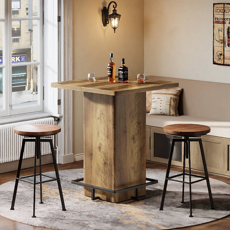 Square Bar Table, 39.4" H Wooden Bistro Pub Table With Metal Frame Footrest(Only Table), Brown