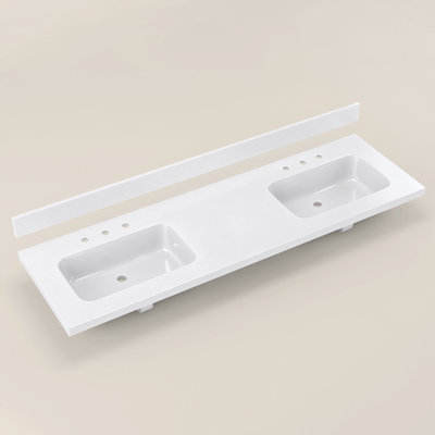 72 in W x 21 in D White Solid Surface Double Vanity Top with Integrated Dual Sinks and 4 in Backsplash