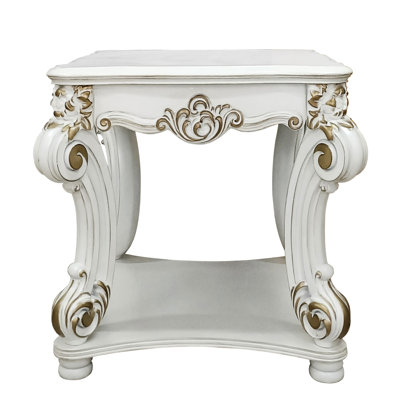 Antique Pearl End Table With Bottom Shelf, Traditional Style For Living Room, Rectangular Shape, Wood And Plastic Material Classic Design Home Decor,