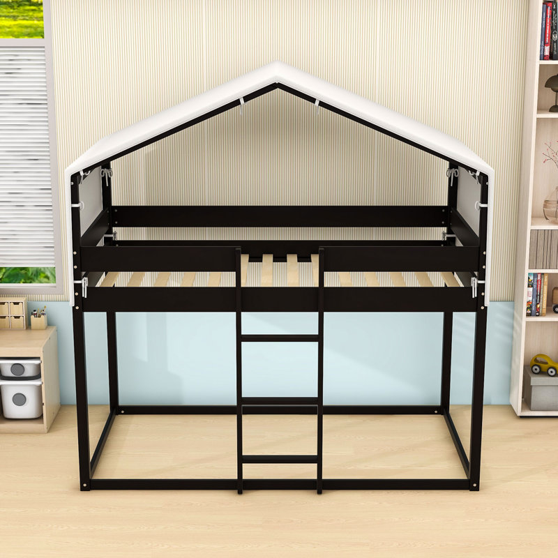 Twin Over Twin Wood Bunk Bed With Tent And Playhouse Design, Espresso