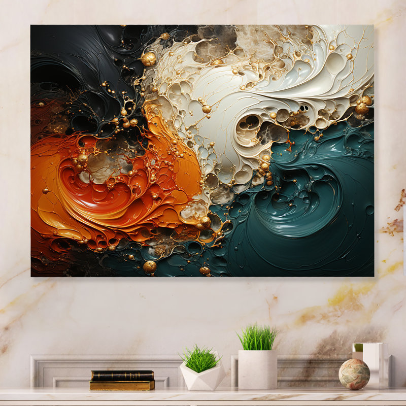 Orange orange et émeraude, lave en marbre V - art mural abstrait en métal MT137170, H 12 po x l 20 po x P 1 po