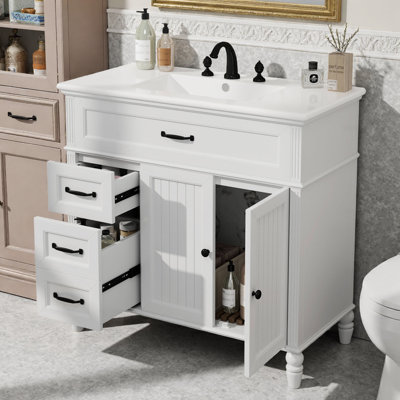 Meuble-lavabo de 36 po avec lavabo, structure en bois d'acacia massif et armoire en panneau de fibres à densité moyenne, 2 tiroirs à fermeture en douceur, armoire à deux portes, plateau en céramique, conception rétro avec poignées dorées pour les salles de bain de taille moyenne