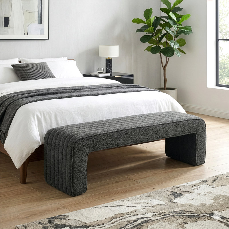 Benicia Boucle Upholstered Fabric Tufted Bench, Grey