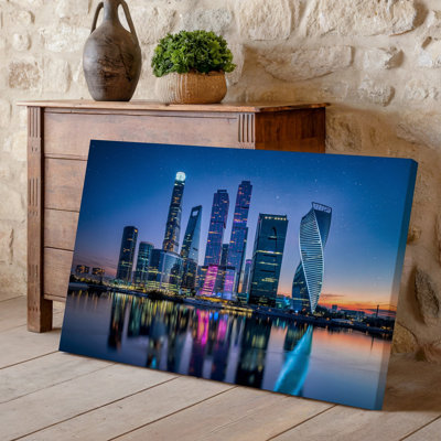 Canvas A Futuristic City Skyline At Twilight Featuring Sleek Towering Skyscrapers Wall Art With Dynamic Flowing Designs Illuminated By Canvas Wall Art
