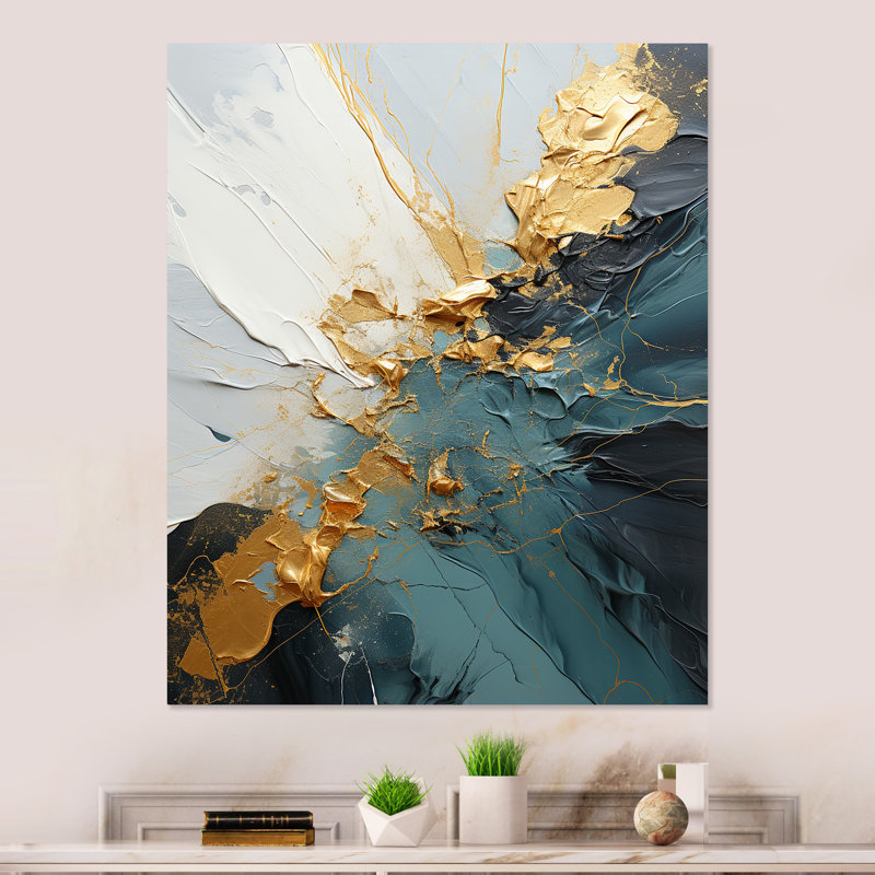 Or et vert abstrait cascade de marbre V - Art mural abstrait en métal, H 20 po x l 12 po x P 1 po
