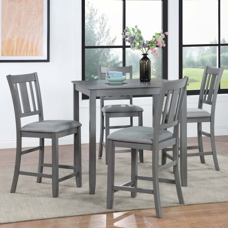 5 Piece Dining Table Set, Wooden Dining Square Table Set for 4, Counter Height Kitchen Table Set with Square Table and 4 Upholstered Chairs for Small Space, Grey