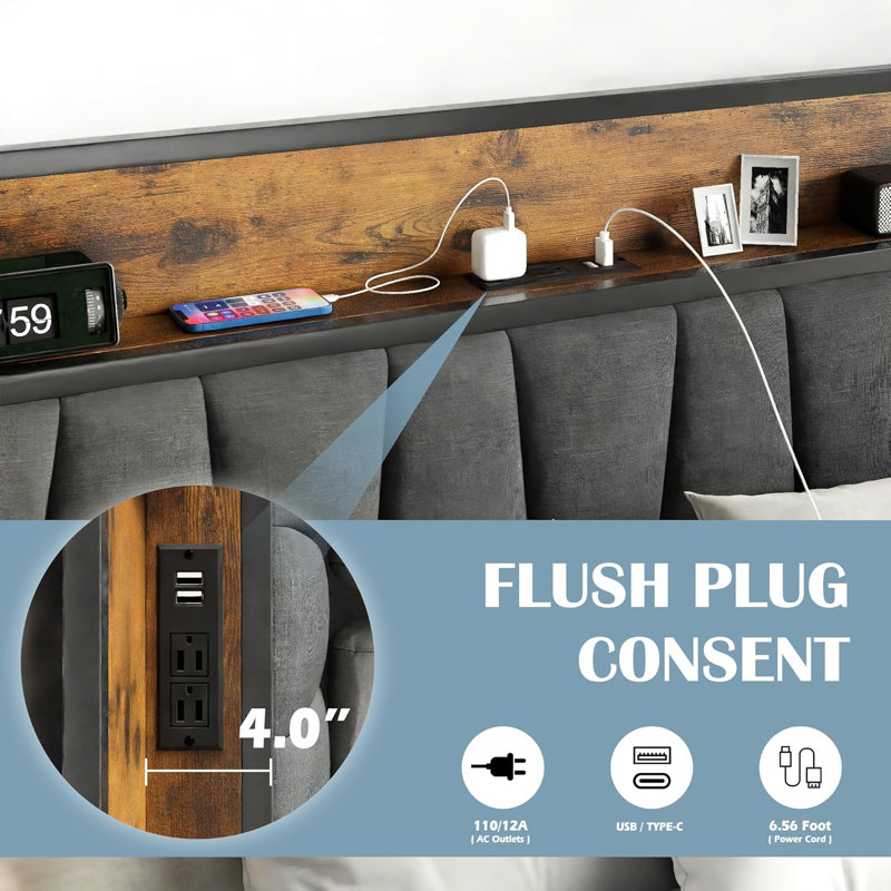 Structure de grand lit avec tête de lit, 2 tiroirs et station de charge USB