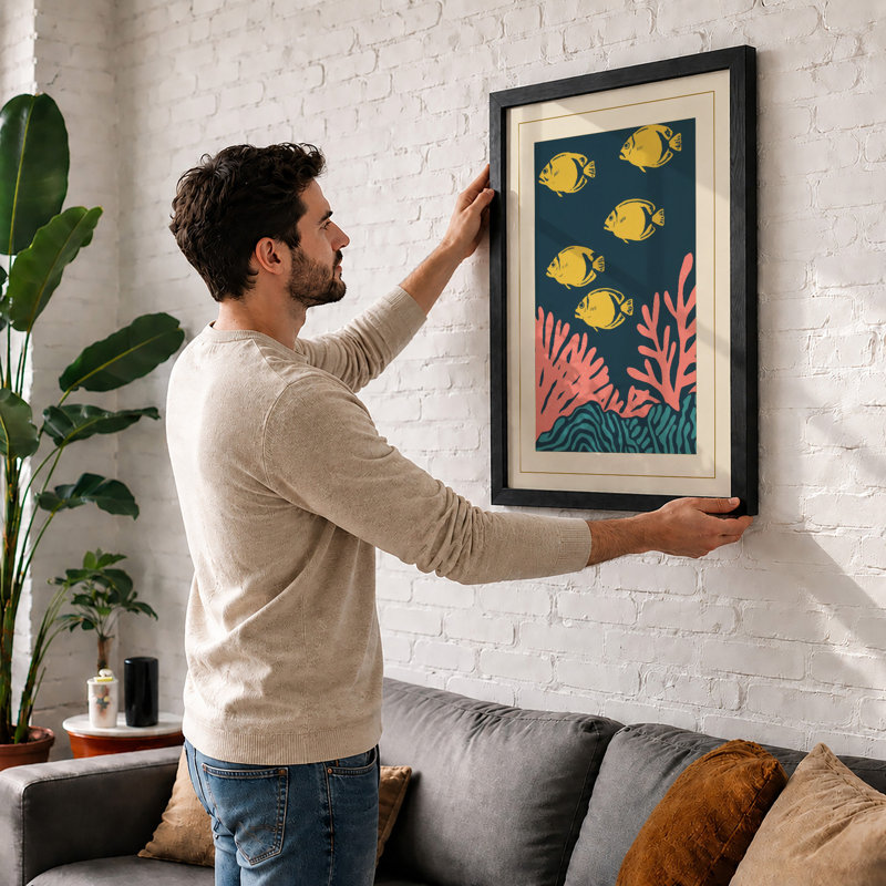Swimming Through Coral Coastal - Framed Print, A3 - 42.0 x 29.7 cm, Black