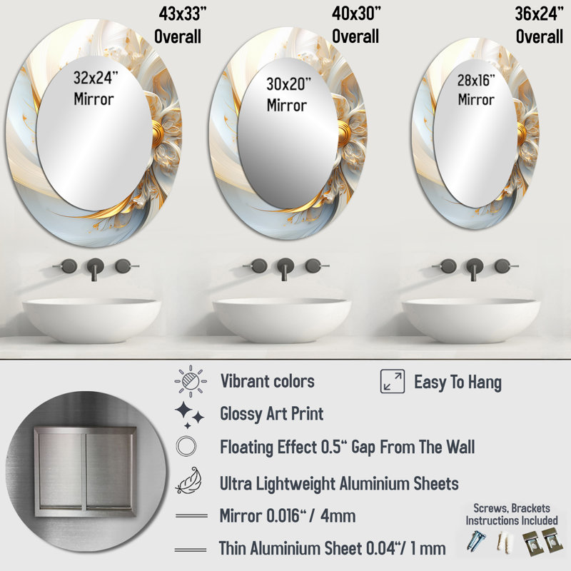 Whirling While Glam Fractals In Gold And White I - Gold Modern Oval Wall Mirror, 40" x 30"