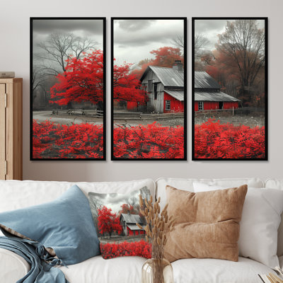 Red And Grey Autumn Barn Refuge II - Barn Wall Art Set