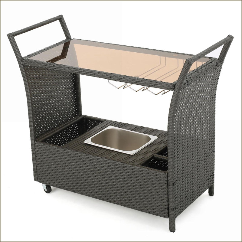 Bar Cart with Wheels, Storage &amp; Ice Bucket | Grey | Rattan+Glass