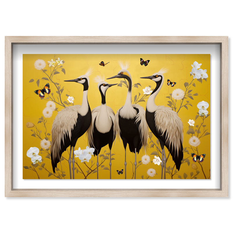 Yellow Crested Cranes Canvas Animals Print by Oliver Gal, 11.5"H x 16.5"W, Natural Oak Frame