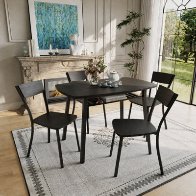 Ensemble de salle à manger 5 pièces pour 4 personnes, table de cuisine en panneau de fibres à densité moyenne de 43,3 po avec support de rangement intégré, chaises à dossier trapézoïdal, coins arrondis pour économiser de l'espace dans les petits appartements